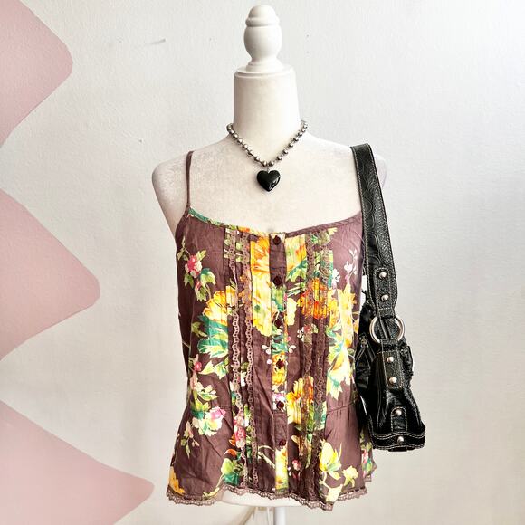 Love Squared Tops - Brown Floral Lace Trim Tank Top Y2K 2000s Cottagecore Boho Vintage Medium